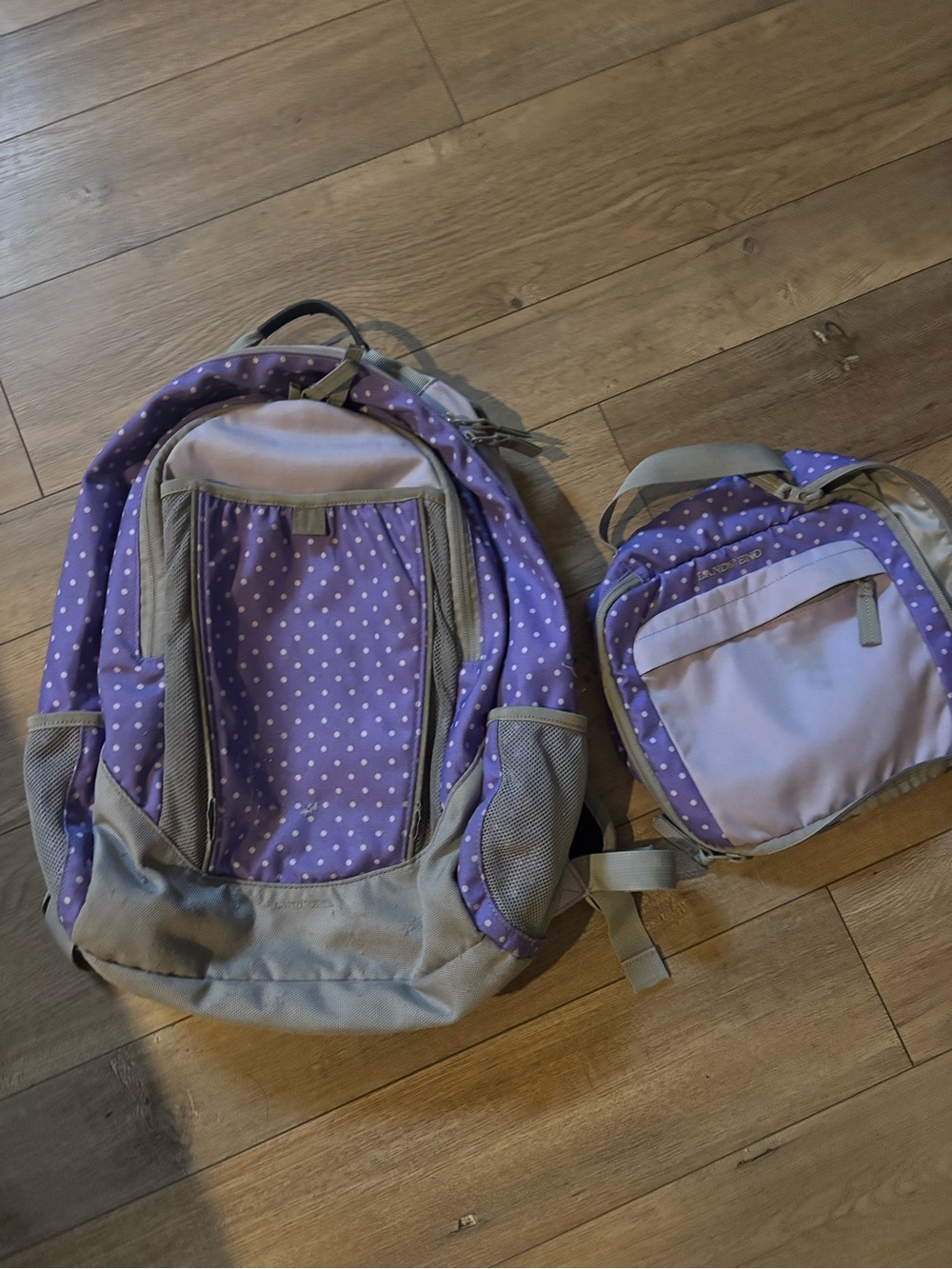 Lands' End Purple Polka Dot Kids Backpack & Lunch Bag Set